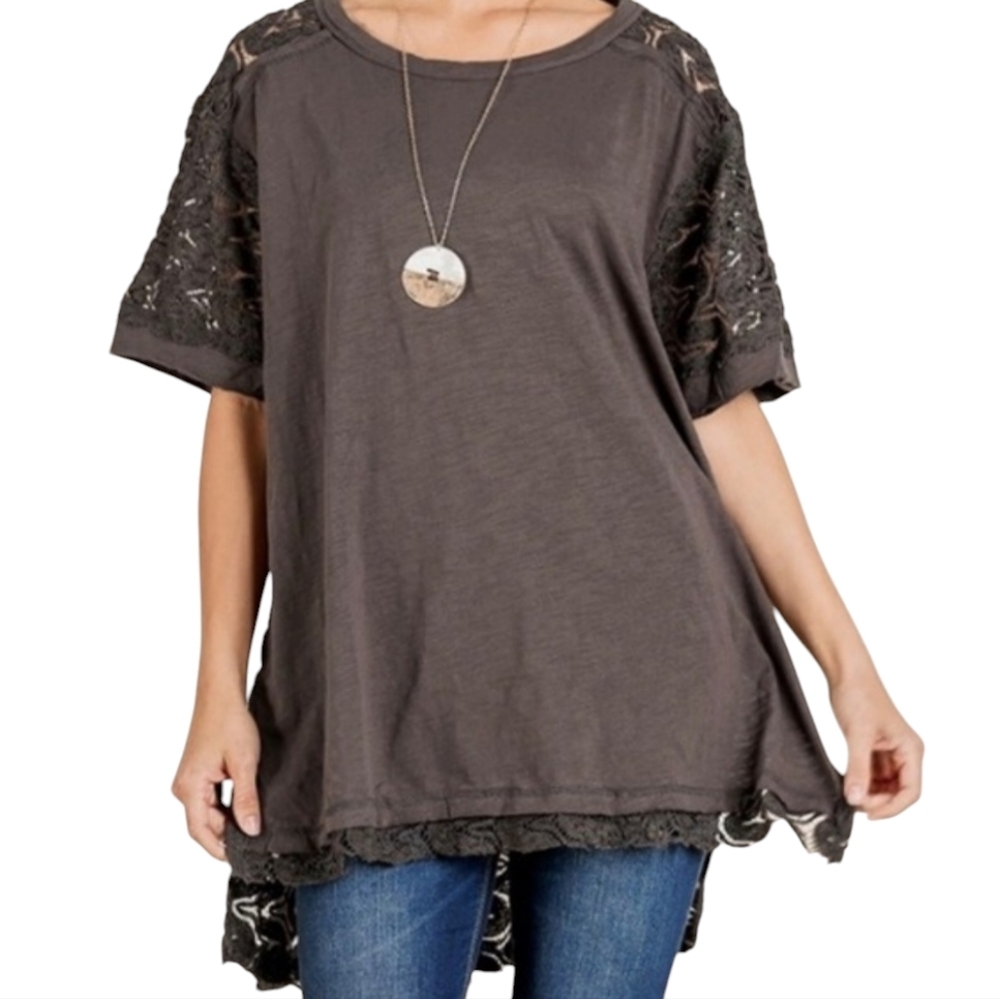 Umgee USA Womens 1X Gray Crochet Lace Open Knit Tunic Top Boho Lagenlook‎ Casual